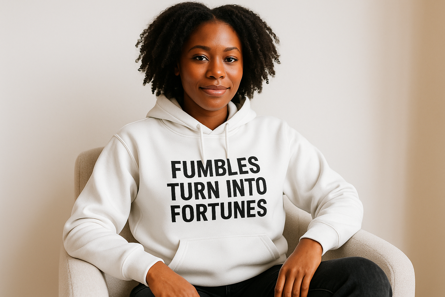 Would you please create a black female sitting down in a chair with a white hoodie on and black jean pants  make the background with white and a little bit of tan and i want the writing on the hoodie to say Fumbles Turn into Fortunes